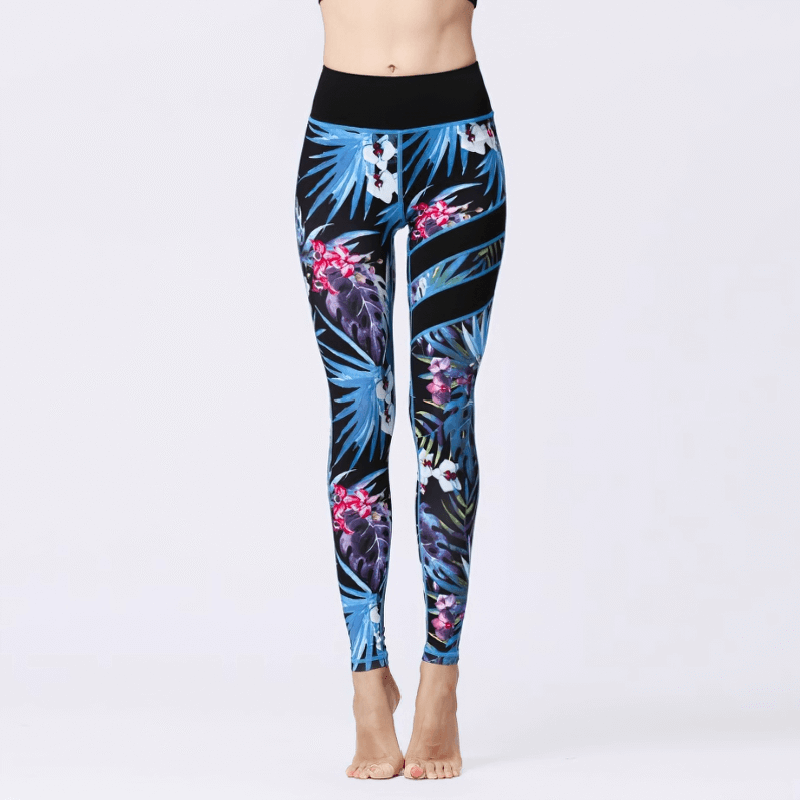 Women's high waist sports leggings with floral print, SF1108, perfect for yoga, running, and fitness activities.